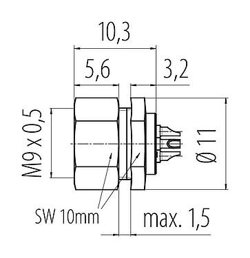 Desenho da escala M9 Soquete de flange, Contatos: 2, desprotegido, solda, IP40, M9x0,5, Montagem frontal