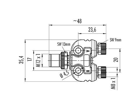 Bản vẽ tỷ lệ M12/M8 Tủ phân phối đôi, bộ phân phối Y, đầu nối đực - 2 đầu nối cái, Số lượng cực : 4/3, không có chống nhiễu, có đầu nối, IP68, UL 2238