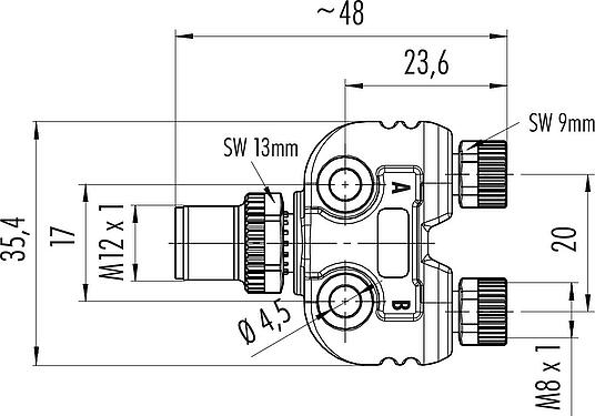 Scale drawing M12/M8 Twin distributors Y-distributor, male connector - 2 female connector, Contacts: 4/3, unshielded, pluggable, IP68, UL 2238