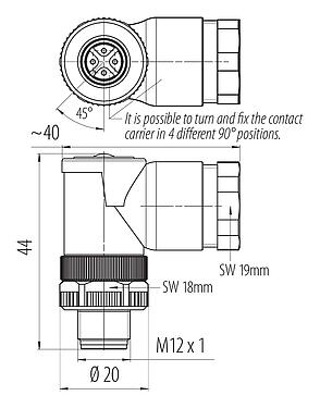 스케일 드로잉 99 0429 162 04 - M12 각진 플러그, 콘택트 렌즈: 4, 2x케이블Ø2mm, 1.0-3.0mm또는4.0-5.0mm, 차폐되지 않음, 나사 클램프, IP67, UL