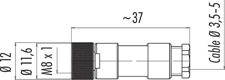縮尺図 M8 メスケーブルコネクタ, 極数: 4, 3.5-5.0mm, 非シールド, はんだ, IP67, UL 2238