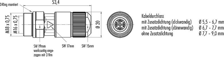 Maßzeichnung M16 Kabeldose, Polzahl: 8, 5,5-9,0 mm, schirmbar, IDC, IP67