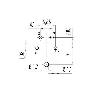 Conductor layout M16 Male panel mount connector, Contacts: 4 (04-a), shieldable, THT, IP67, UL 2238, M18x0,75, Rear mounting