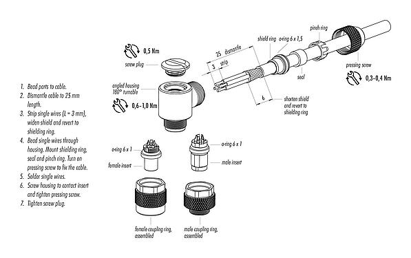 Assembly instructions M9 Male angled connector, Contacts: 2, 3.5-5.0 mm, shieldable, solder, IP67