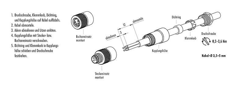 Montageanleitung M8 Kabelstecker, Polzahl: 3, 3,5-5,0 mm, ungeschirmt, löten, IP67, UL 2238