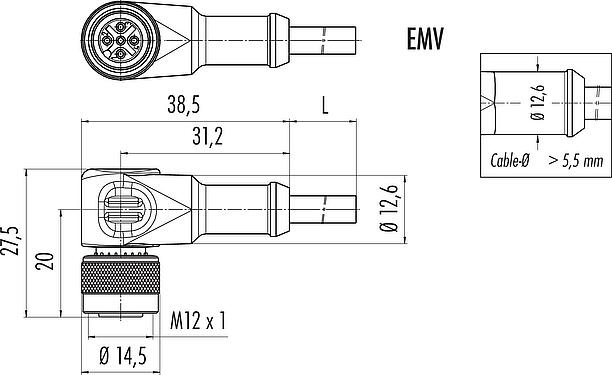 Schaaltekening M12 Female haakse connector, aantal polen: 3, afgeschermd, aan de kabel aangegoten, IP67, UL 2238, PVC, grijs, 3 x 0,34 mm², 2 m