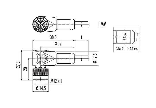 Dessin coté M12 Connecteur femelle coudé, Contacts: 12, blindé, surmoulé sur le câble, IP67, UL 2238, PUR, noir, 12 x 0,25 mm², 2 m