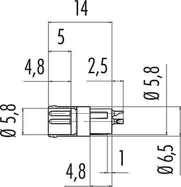 Scale drawing M8 Male receptacle, Contacts: 4, unshielded, solder, IP65