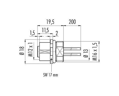 Scale drawing 09 3442 284 05 - M12 Female panel mount connector, Contacts: 5, unshielded, single wires, IP69K, M16x1.5, for outdoor, stainless steel