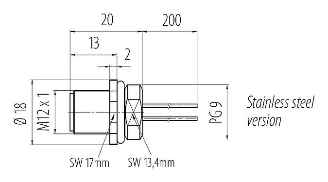 Výkres v měřítku M12 Přírubová zátka, : 4, nestíněný, Splétané vodiče, IP68, UL 2238, PG 9, Přední montáž, Nerezová ocel