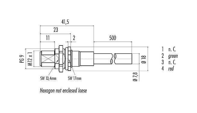 Schaaltekening M12 Male panel mount connector, aantal polen: 2, afgeschermd, met geconfectioneerd kabel, IP68, PG 9, Profibus, PUR, violet, 1 x 2 x 0,25 mm², Frontaansluiting, 0,5 m