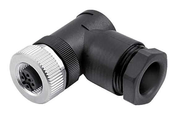 插圖 M12 彎角孔頭電纜連接器, : 4, 8.0-10.0mm, 非遮罩, 螺釘接線, IP67, UL 2238, VDE, 用於供電
