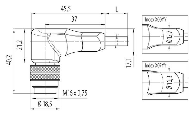 Dibujo a escala M16 Conector macho en ángulo, Número de contactos: 6, blindado, moldeado en el cable, IP67, PUR, negro, 6 x 0,25 mm², 2 m
