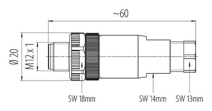 Maßzeichnung M12 Kabelstecker, Polzahl: 4, 4,0-6,0 mm, ungeschirmt, schraubklemm, IP67, UL 2238