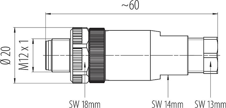 Maßzeichnung M12 Kabelstecker, Polzahl: 4, 4,0-6,0 mm, ungeschirmt, schraubklemm, IP67, UL 2238