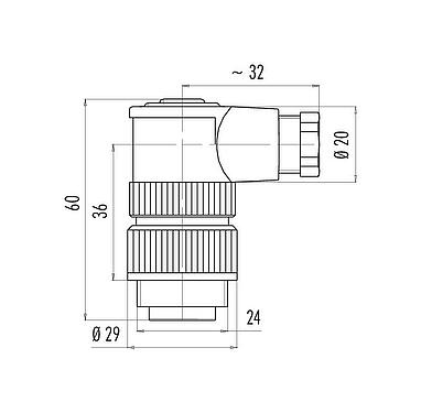 Scale drawing RD24 Male angled connector, Contacts: 6+PE, 6.0-8.0 mm, unshielded, screw clamp, IP67, UL, ESTI+, VDE, PG 9