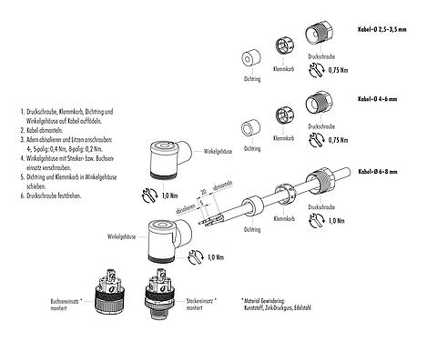 Montageanleitung M12 Winkeldose, Polzahl: 4, 4,0-6,0 mm, ungeschirmt, schraubklemm, IP67, UL 2238