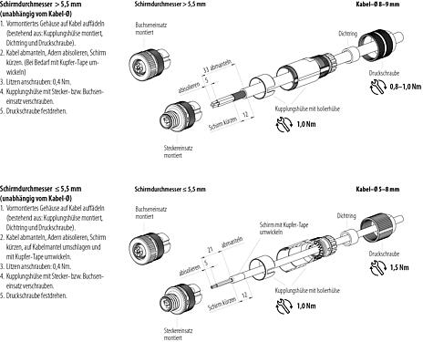 Montageanleitung M12 Kabeldose, Polzahl: 4, 5,0-8,0 mm, schirmbar, schraubklemm, IP67, UL 2238, Irisfeder