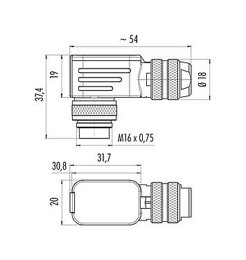 Scale drawing M16 Male angled connector, Contacts: 6 (06-a), 6.0-8.0 mm, shieldable, crimping (Crimp contacts must be ordered separately), IP67, UL 2238