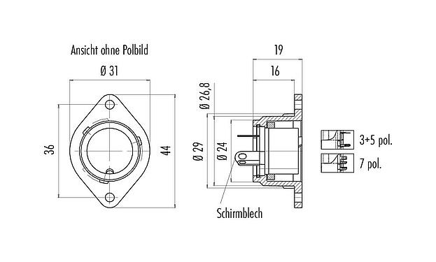 Maßzeichnung Bajonett Flanschdose, Polzahl: 5, schirmbar, löten, IP40, Frontmontage