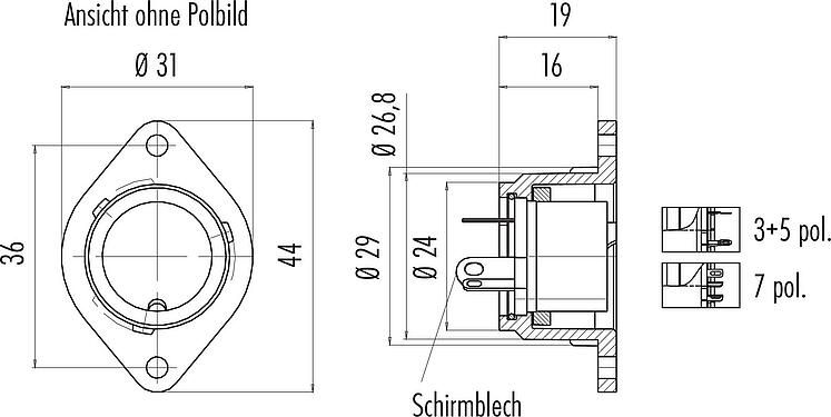 Maßzeichnung Bajonett Flanschdose, Polzahl: 7, schirmbar, löten, IP40, Frontmontage
