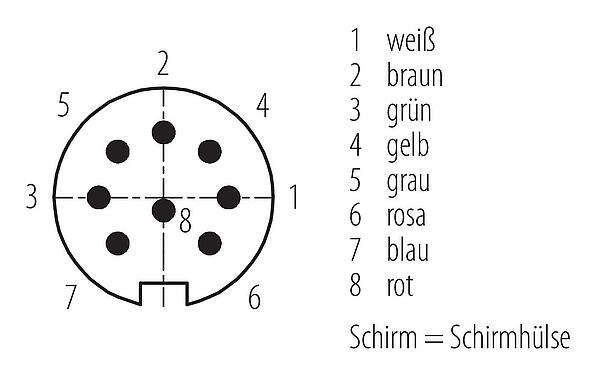 Polbild (Steckseite) M16 Kabelstecker, Polzahl: 8, geschirmt, am Kabel angespritzt, IP67, PUR, schwarz, 8 x 0,25 mm², 2 m