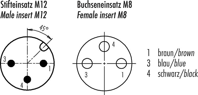 Contactconfiguratie (Insteekbereik) M12/M8 Kabelstekker - female haakse connector, aantal polen: 3, onafgeschermd, aan de kabel aangegoten, IP67/IP69K, PUR, zwart, 3 x 0,25 mm², met LED PNP, 1 m