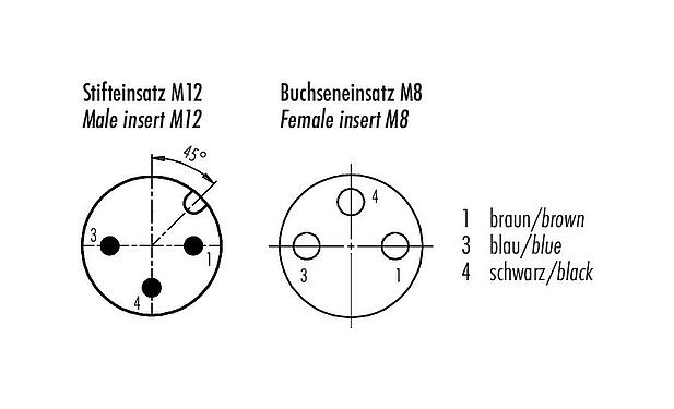Polbild (Steckseite) M12/M8 Kabelstecker - Winkeldose, Polzahl: 3, ungeschirmt, am Kabel angespritzt, IP67/IP69K, PUR, schwarz, 3 x 0,25 mm², mit LED PNP, 1 m