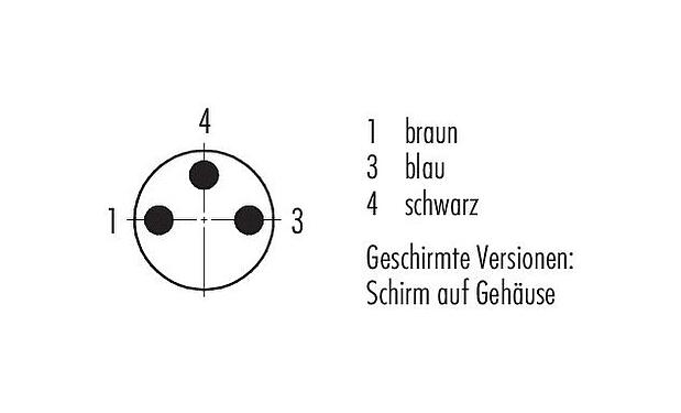 Polbild (Steckseite) M8 Kabelstecker, Polzahl: 3, geschirmt, am Kabel angespritzt, IP67, UL 2238, PUR, schwarz, 3 x 0,34 mm², 5 m