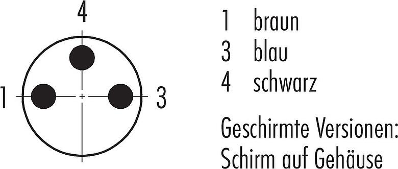 Polbild (Steckseite) M8 Kabelstecker, Polzahl: 3, geschirmt, am Kabel angespritzt, IP67, UL 2238, PUR, schwarz, 3 x 0,34 mm², 2 m