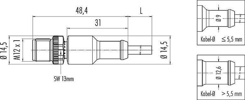 Maßzeichnung M12 Kabelstecker, Polzahl: 3, ungeschirmt, am Kabel angespritzt, IP68/IP69K, UL 2238, PVC, grau, 3 x 0,34 mm², 2 m