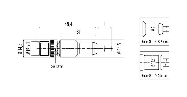 Maßzeichnung M12 Kabelstecker, Polzahl: 5, ungeschirmt, am Kabel angespritzt, IP68/IP69K, UL 2238, PVC, grau, 5 x 0,34 mm², 5 m