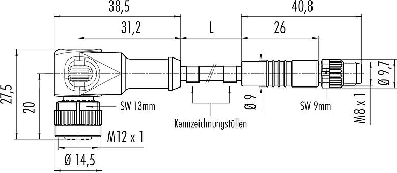 Maßzeichnung M12/M8 Kabelstecker - Winkeldose, Polzahl: 4, ungeschirmt, am Kabel angespritzt, IP67/IP69K, UL 2238, PUR, schwarz, 4 x 0,34 mm², 2 m