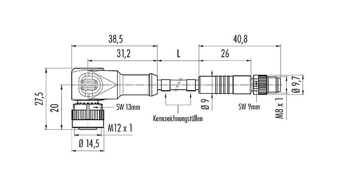 Maßzeichnung M12/M8 Kabelstecker - Winkeldose, Polzahl: 3, ungeschirmt, am Kabel angespritzt, IP67/IP69K, UL 2238, PUR, schwarz, 3 x 0,34 mm², 1 m