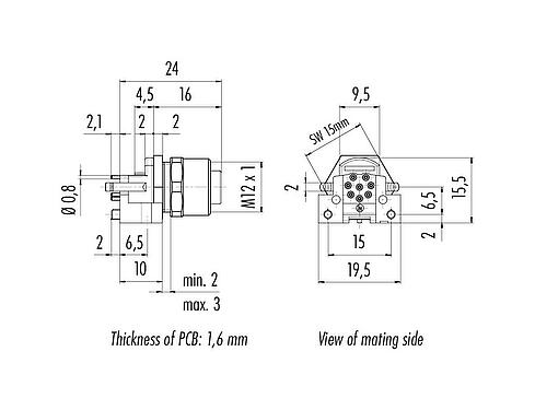比例圖 M12 孔頭法蘭座, : 8, 可接遮罩, THR, IP68, UL 2238, M12x1.0, 板前安裝, 用於PCB組裝