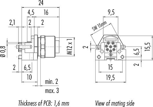 Dessin coté M12 Embase femelle, Contacts: 8, blindable, THR, IP68, UL 2238, M12x1,0, Montage frontal, pour assemblage PCB