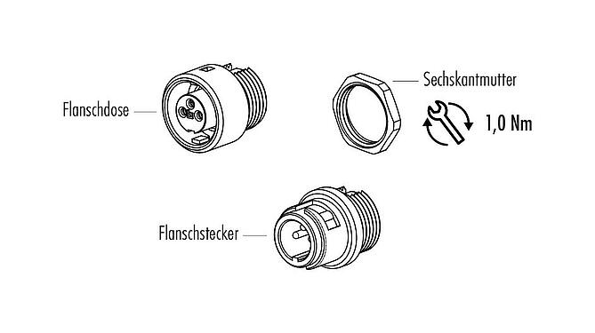 Einzelteildarstellung Bajonett Flanschstecker, Polzahl: 2, ungeschirmt, löten, IP40, M10x0,75, Frontmontage