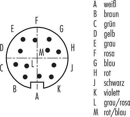 Polbild (Steckseite) M16 Kabelstecker, Polzahl: 12 (12-a), ungeschirmt, am Kabel angespritzt, IP67, PUR, schwarz, 12 x 0,25 mm², 2 m