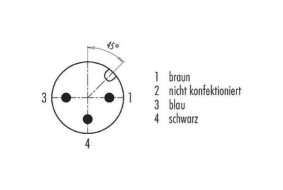 Polbild (Steckseite) M12 Kabelstecker, Polzahl: 3, ungeschirmt, am Kabel angespritzt, IP67/IP69K, UL 2238, PUR, schwarz, 3 x 0,34 mm², Edelstahl, 2 m