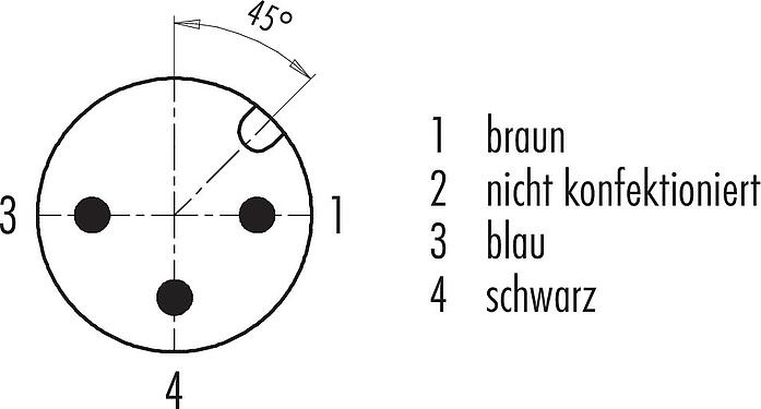 Polbild (Steckseite) M12 Kabelstecker, Polzahl: 3, ungeschirmt, am Kabel angespritzt, IP68/IP69K, UL 2238, PVC, grau, 3 x 0,34 mm², 2 m