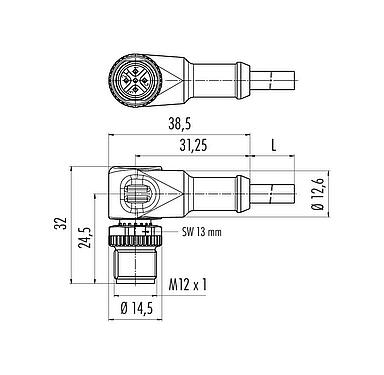 Méretarányos rajz M12 derékszögű csatlakozó, : 3, árnyékolatlan, kábelre öntött, IP68/IP69K, UL 2238, PUR, fekete, 3 x 0,34 mm², LED PNP záróval, 5 m