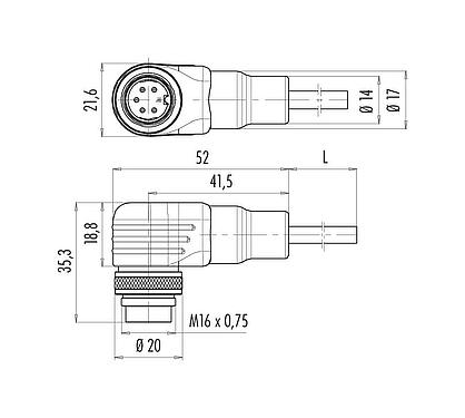 Disegno in scala M16 Connettore angolare maschio, Numero poli: 5 (05-a), schermato, stampato sul cavo, IP67, PUR, nero, 5 x 0,25 mm², 2 m