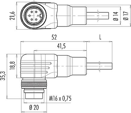 Scale drawing M16 Male angled connector, Contacts: 5 (05-a), shielded, moulded on the cable, IP67, PUR, black, 5 x 0.25 mm², 2 m