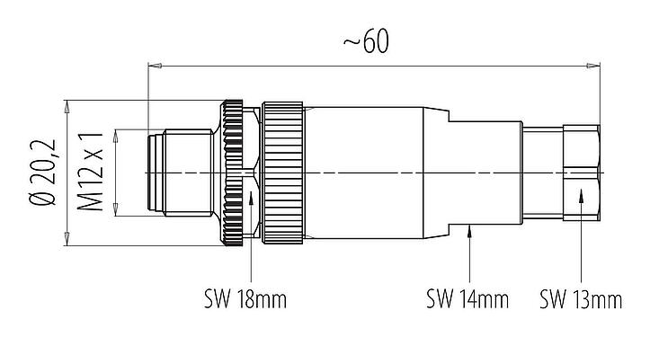 Disegno in scala M12 Connettore cavo maschio, Numero poli: 4, 2,5-3,5 mm, non schermato, morsetto a vite, IP67