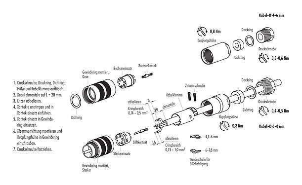 Montageanleitung M16 Kabelstecker, Polzahl: 4 (04-a), 6,0-8,0 mm, schirmbar, crimpen (Crimpkontakte müssen separat bestellt werden), IP67, UL 2238