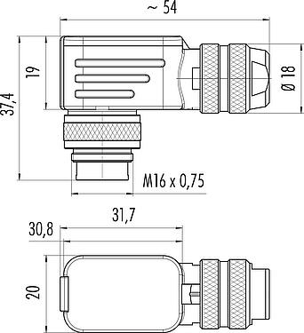 Disegno in scala M16 Connettore angolare maschio, Numero poli: 4 (04-a), 4,0-6,0 mm, schermabile, crimpare (I contatti a crimpare devono essere ordinati separatamente), IP67, UL 2238