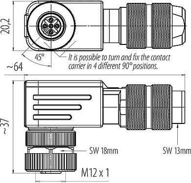 縮尺図 M12 メス アングルコネクタ, 極数: 4, 5.0-8.0mm, シールド可能, ねじ圧着, IP67, UL 2238, アイリスフェーダー