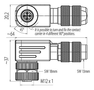 Výkres v měřítku M12 Úhlový box, : 4, 5,0-8,0 mm, stínitelné, šroubovací svorka, IP67, UL 2238, duhovka