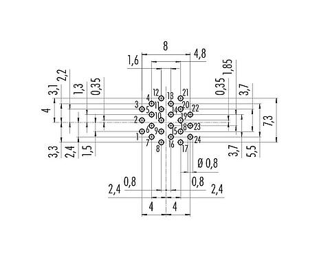Leiterplattenlayout M16 Flanschdose, Polzahl: 24, ungeschirmt, THT, IP40, M18x0,75, Rückwandmontage