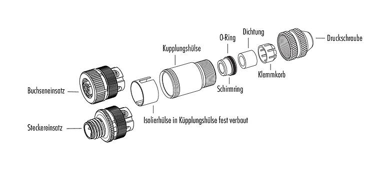 Einzelteildarstellung 99 3729 995 04 - M12 Kabelstecker, Polzahl: 4, 5,5-8,6 mm, schirmbar, schraubklemm, IP69, UL, Edelstahl